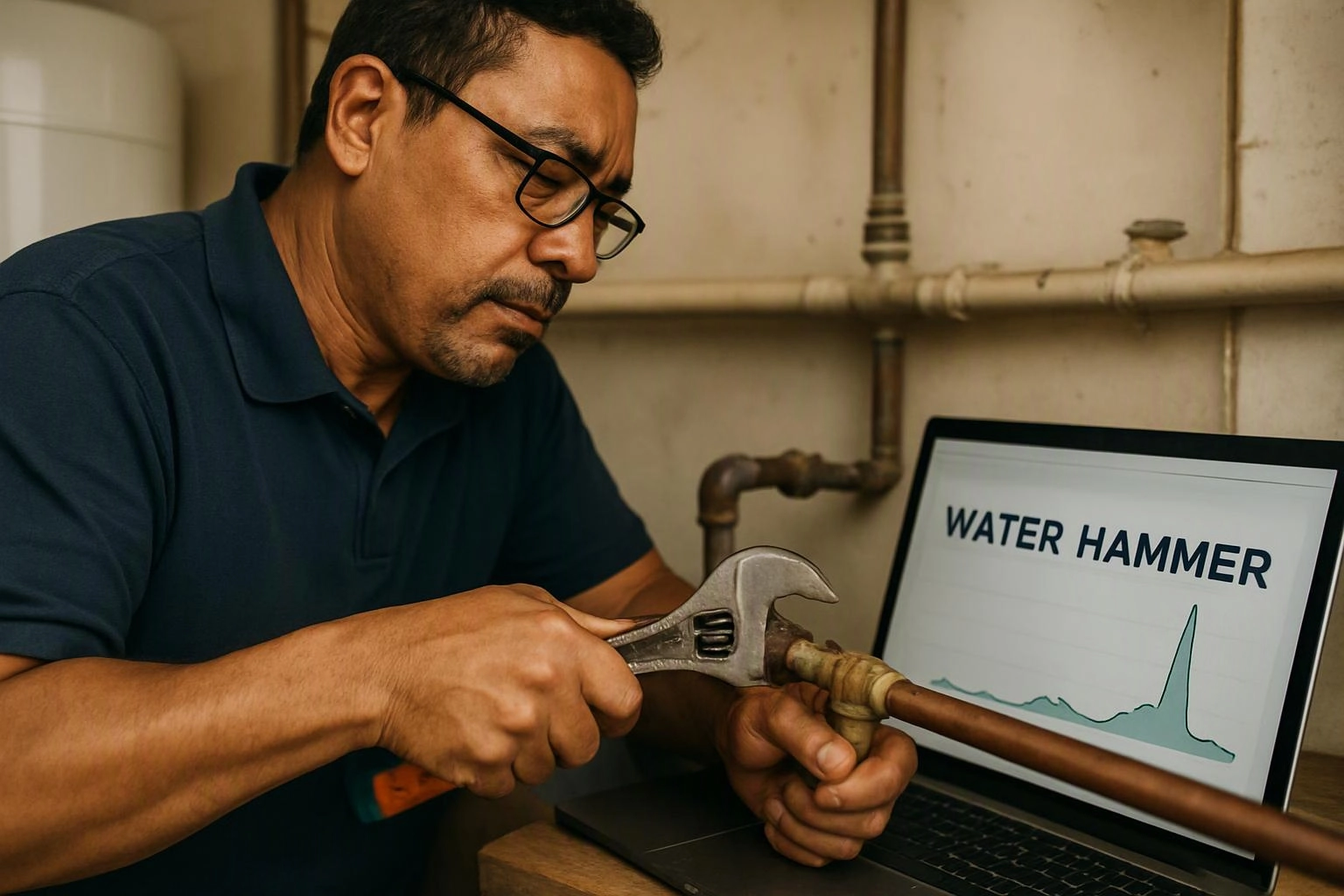 A man tightens a pipe fitting with a wrench beside a laptop showing a water hammer graph