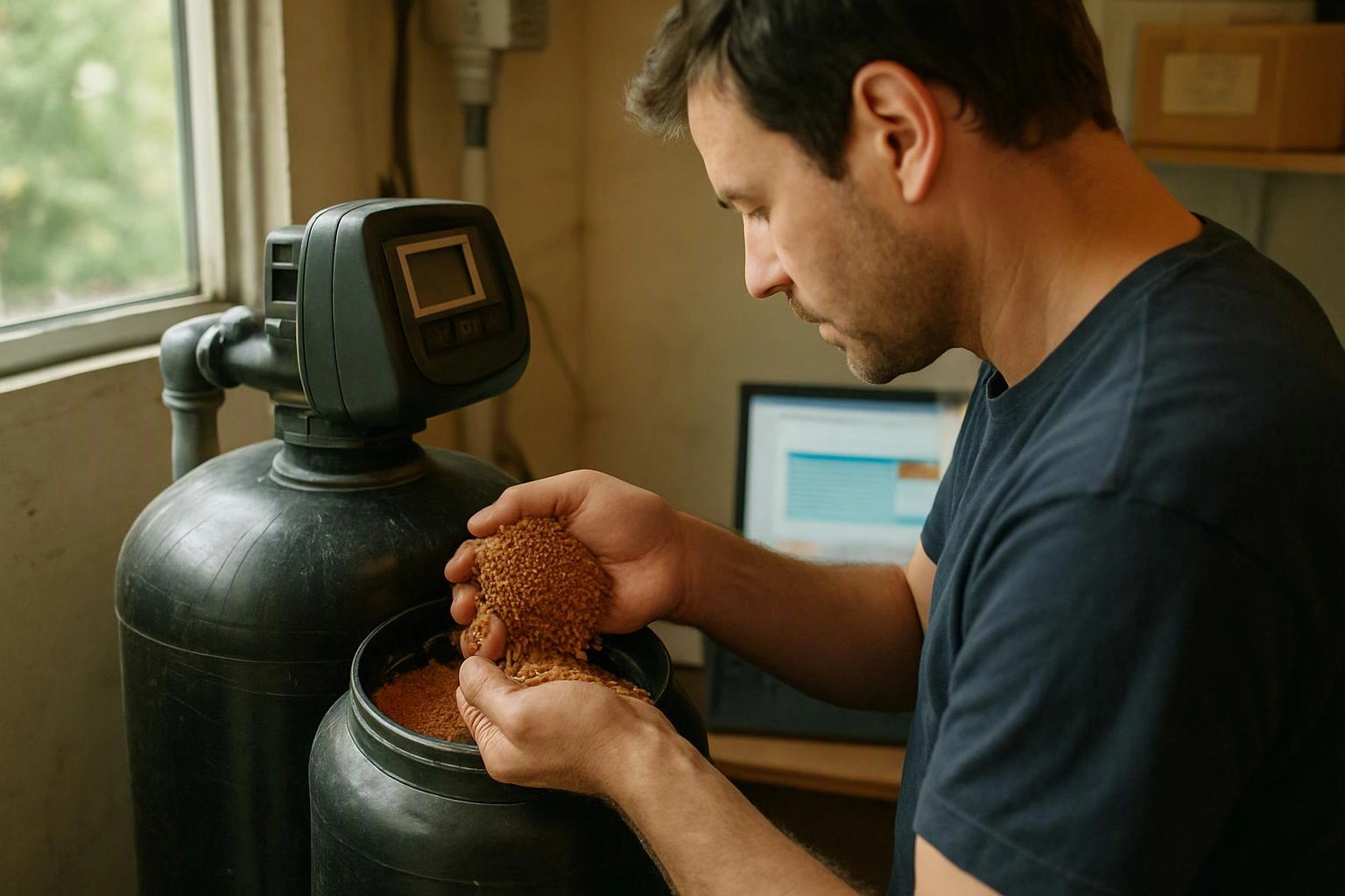 A man pours small brown pellets from a black container beside a large tank in a workshop