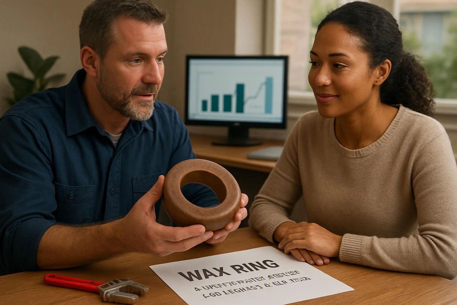 A man shows a wax ring to a woman at a desk, with tools, a printed sheet, and a chart on a monitor behind them