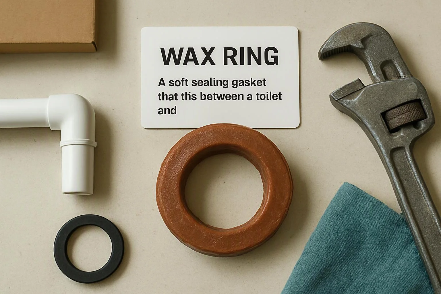 A wax ring sits beside a wrench, pipe fitting, and cloth on a work surface, with a labeled card above