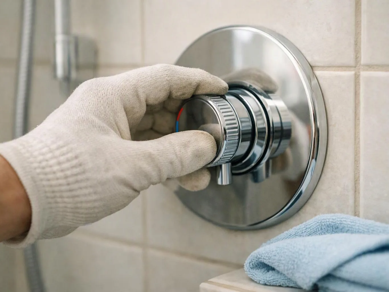 A gloved hand adjusts a chrome shower control on tiled bathroom wall