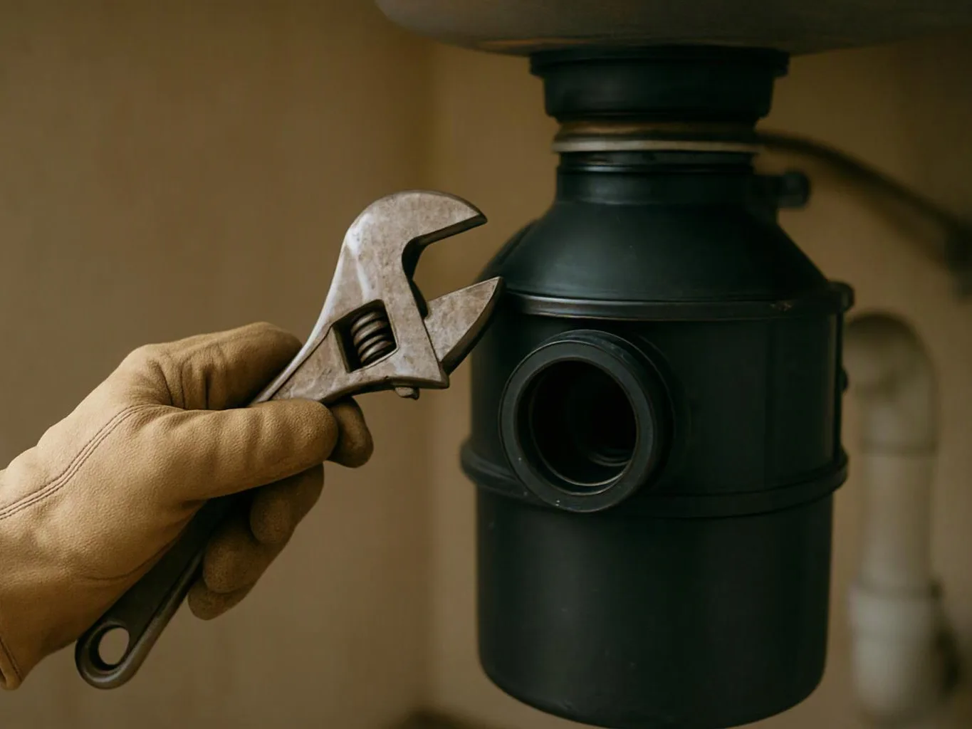 A gloved hand holds an adjustable wrench near a black sink drain pipe under a basin
