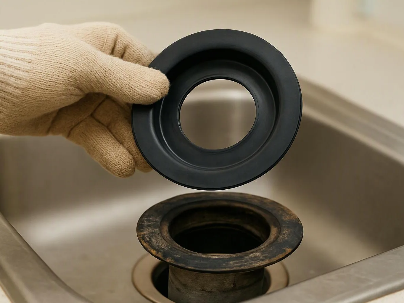 A gloved hand holds a black circular drain ring above a worn sink drain opening