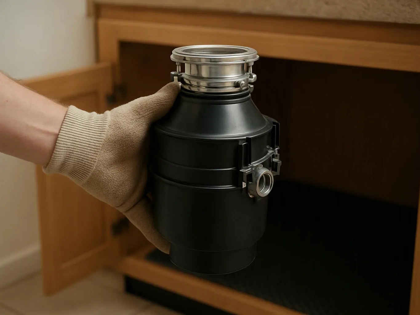 A gloved hand holds a black garbage disposal unit in front of an open cabinet space