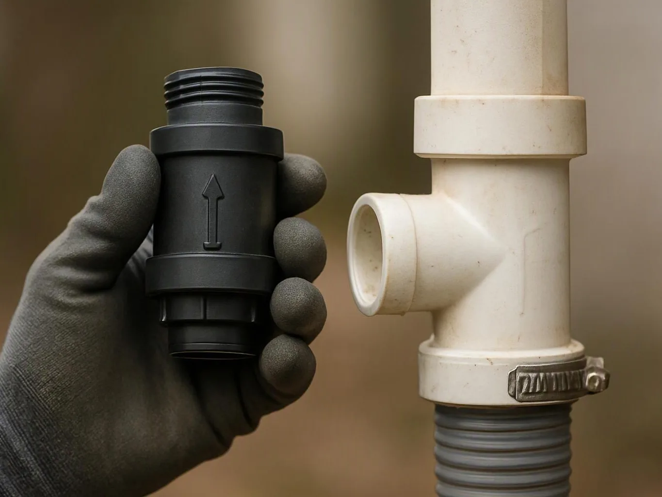 A gloved hand holds a black plastic pipe fitting beside a white PVC drain pipe with a side opening