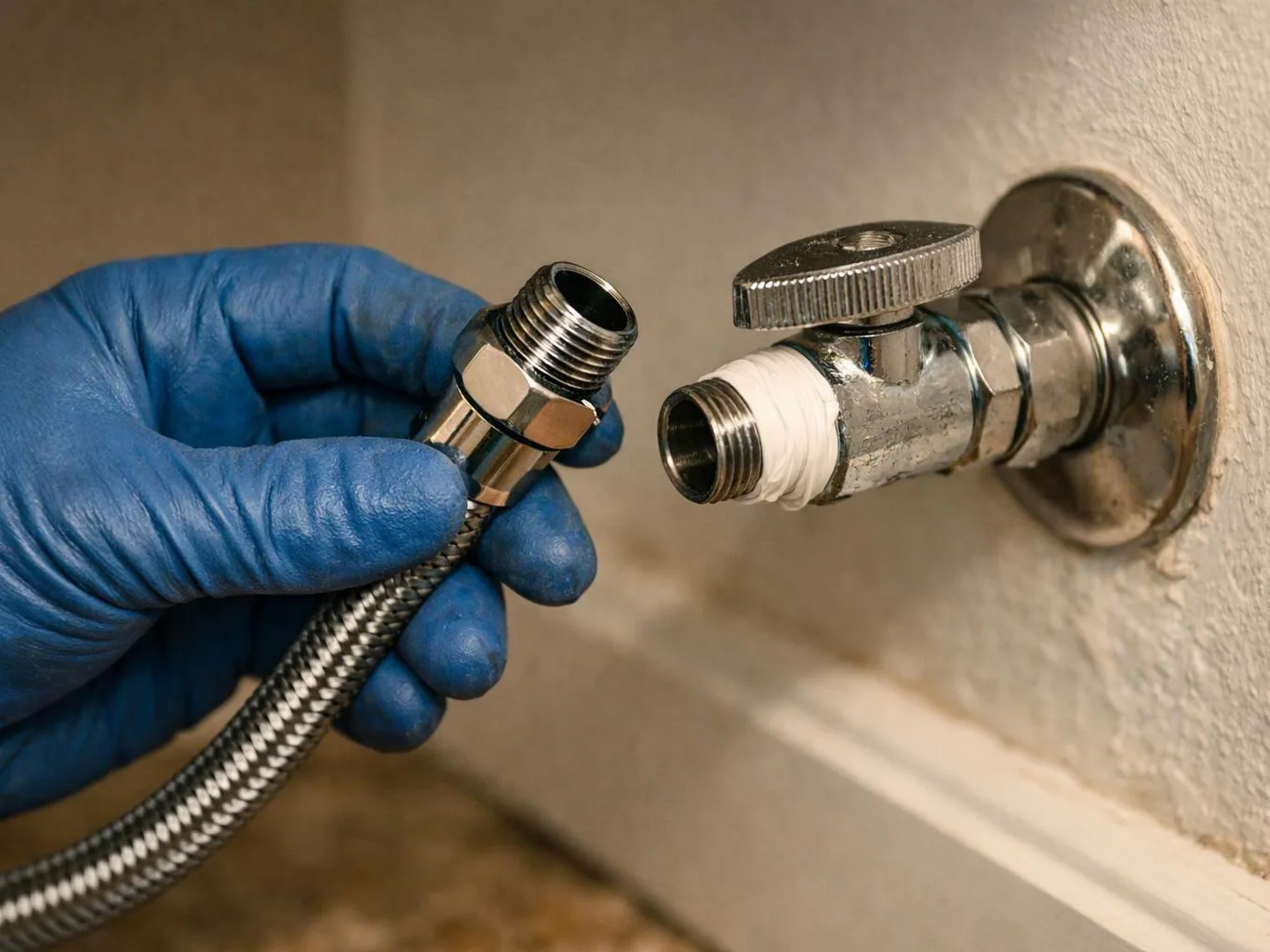 A gloved hand holds a braided hose fitting near a wall-mounted shutoff valve in a bathroom
