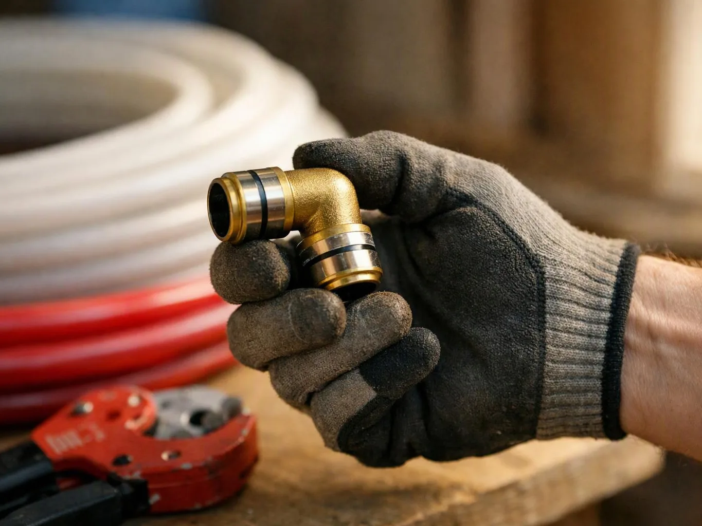 A gloved hand holds a brass elbow fitting beside coiled tubing and a red pipe tool on a workbench