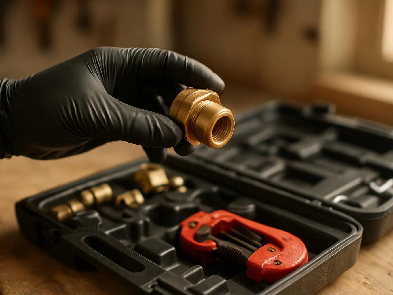 A gloved hand holds a brass fitting above an open tool case on a wooden surface