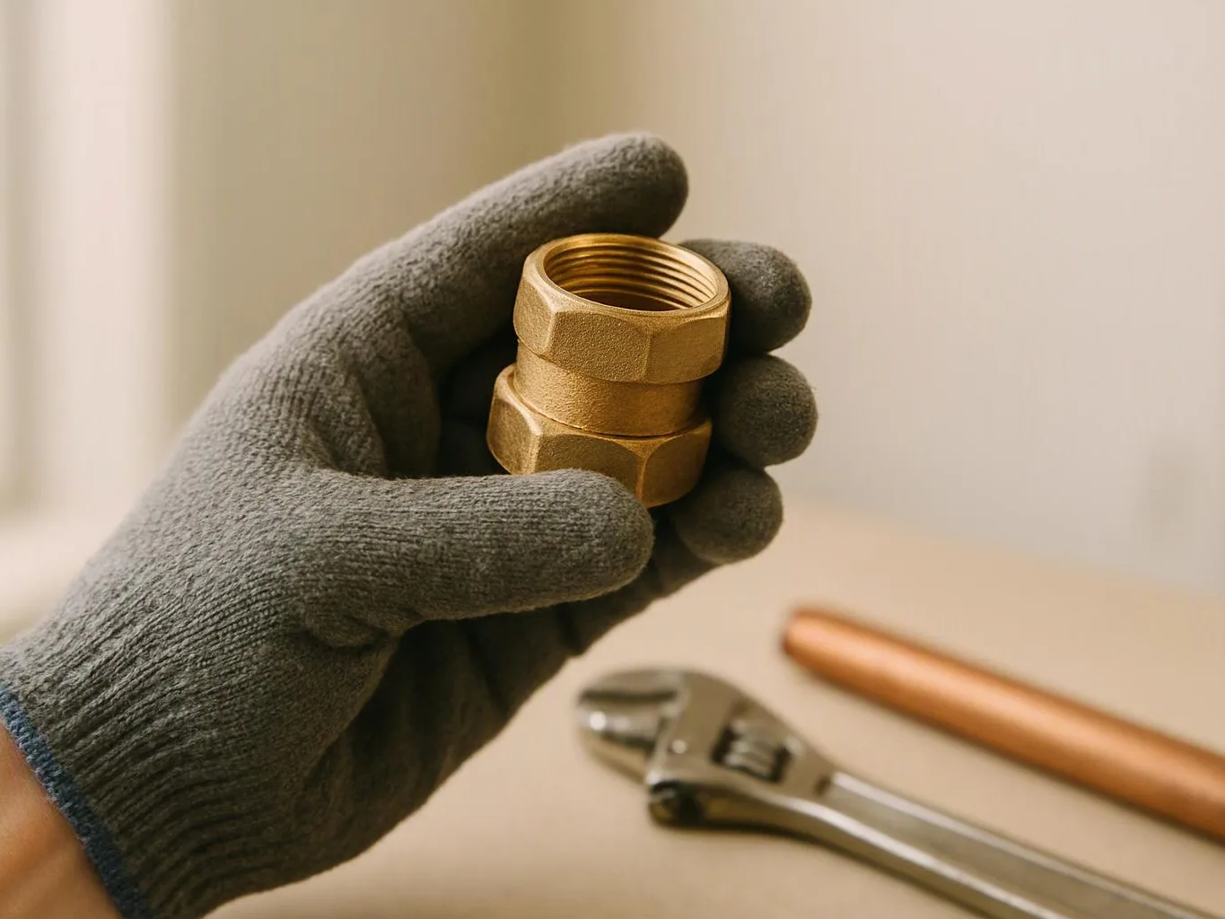 A gloved hand holds a brass fitting above a workbench with a wrench and copper pipe