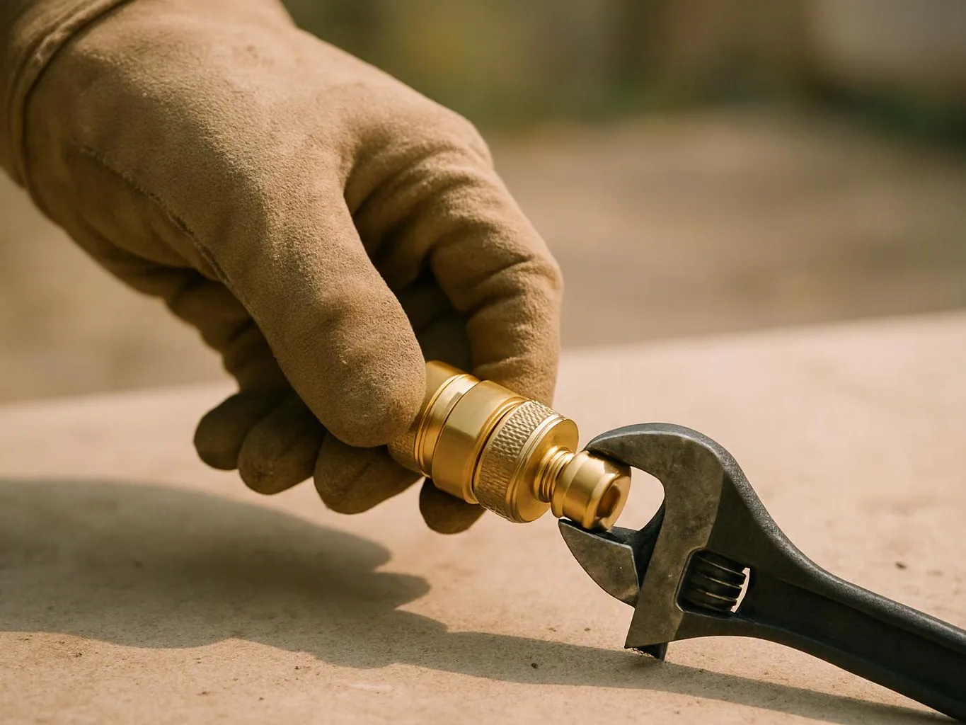 A gloved hand holds a brass fitting while an adjustable wrench grips it on a workbench