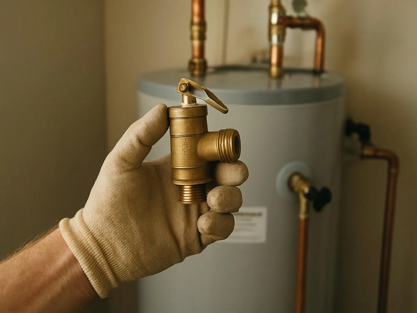 A gloved hand holds a brass valve in front of a water heater and copper pipes