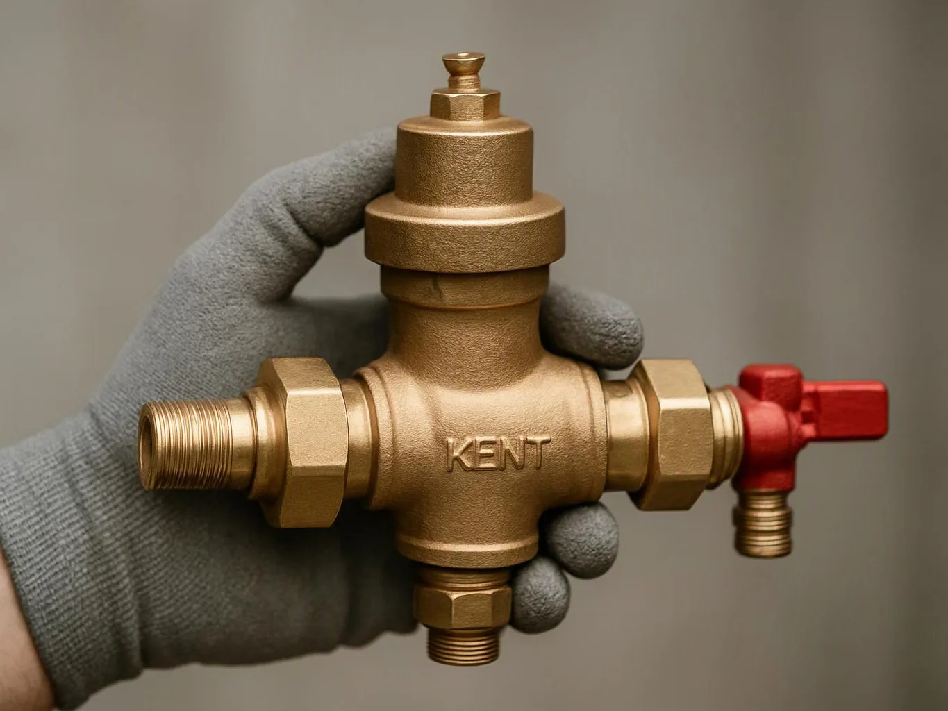 A gloved hand holds a brass valve with a red handle against a plain gray background