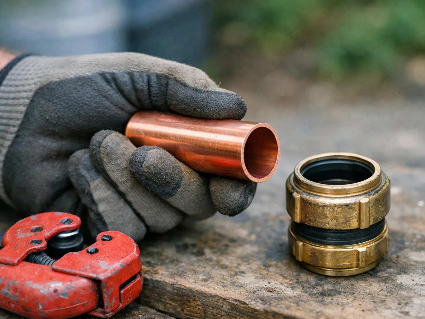 A gloved hand holds a copper pipe beside a brass fitting and red pipe cutter on a work surface