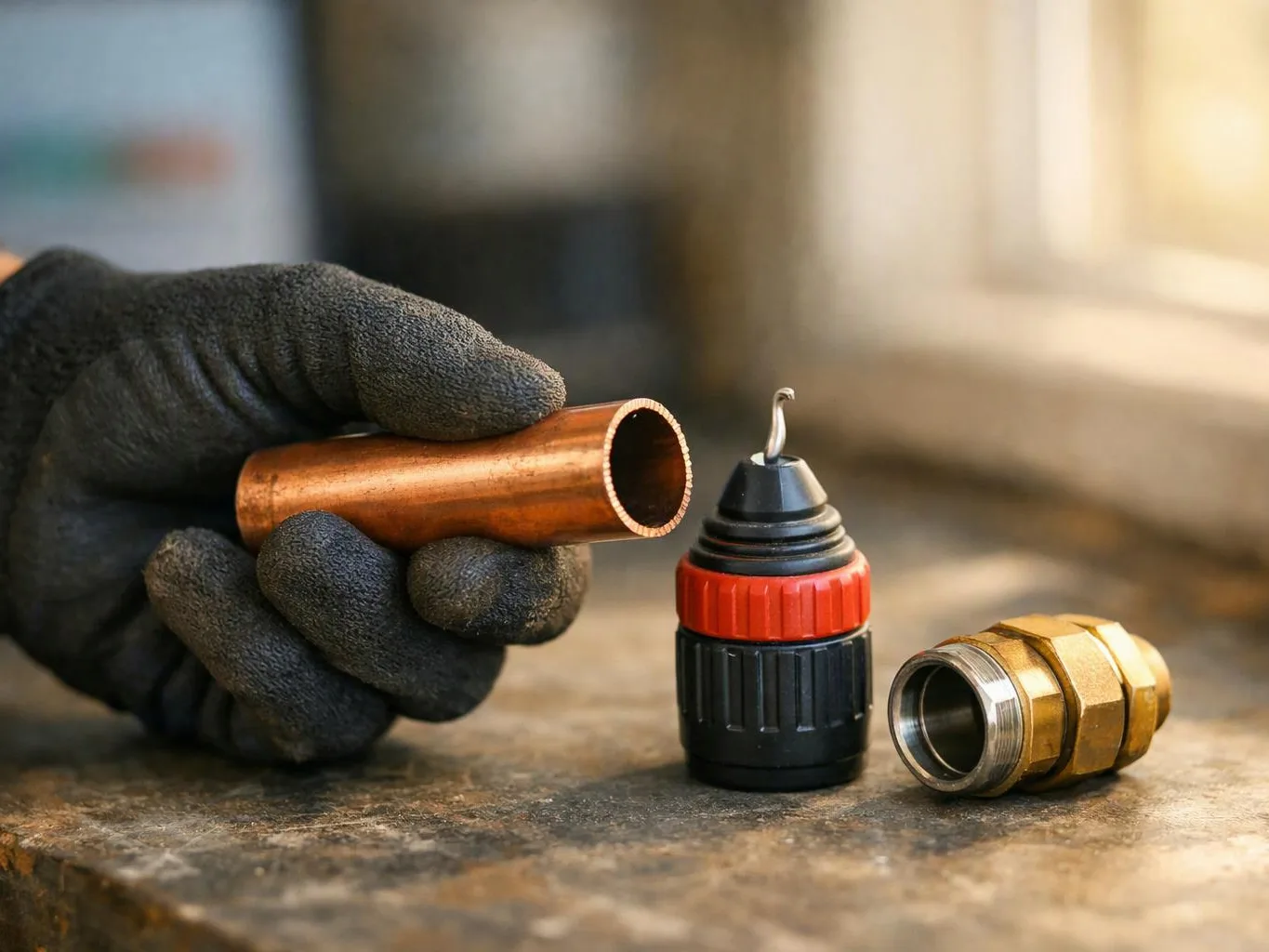 A gloved hand holds a copper pipe beside two metal plumbing fittings on a workbench