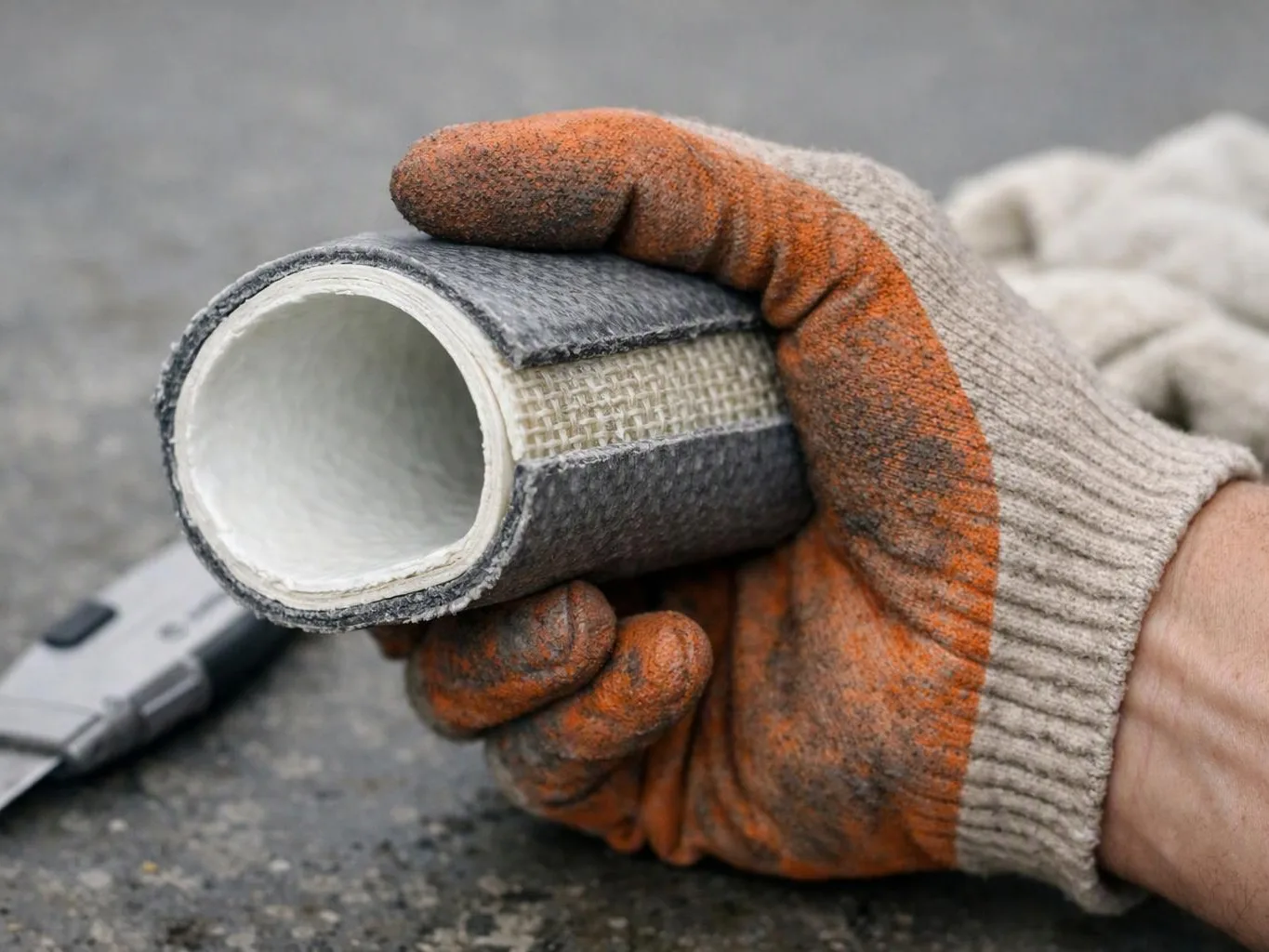A gloved hand holds a cut pipe section on a rough pavement, with a utility knife lying nearby