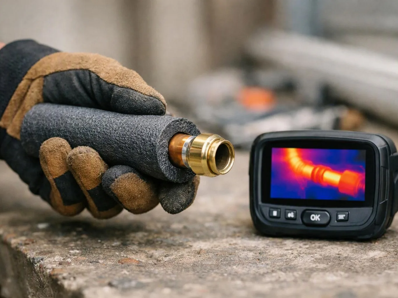 A gloved hand holds an insulated pipe fitting beside a thermal camera on a concrete surface