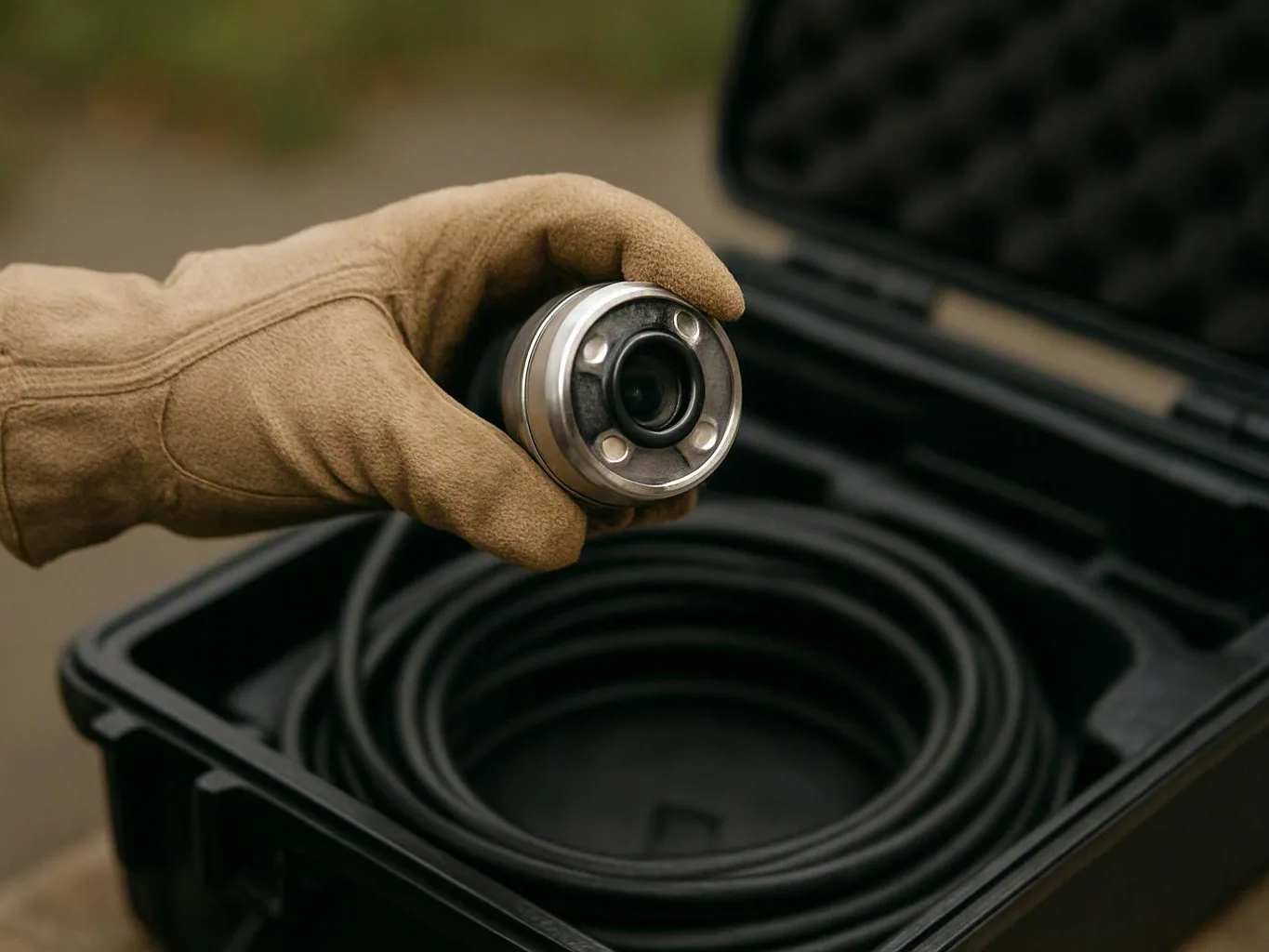 A gloved hand holds a metal hose fitting above a coiled black hose in an open case