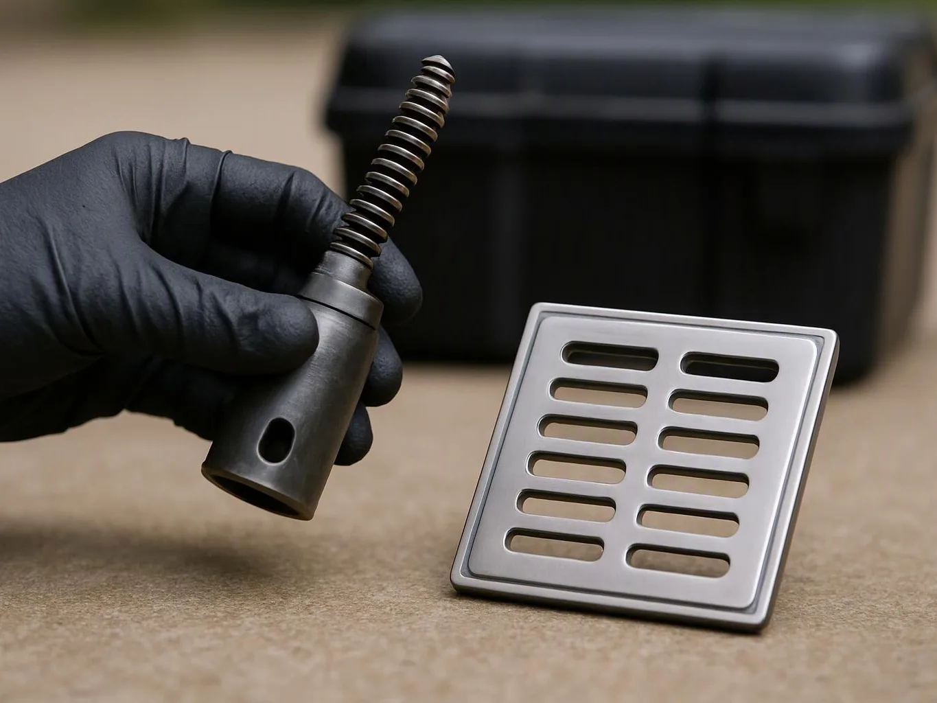 A gloved hand holds a metal spring tool beside a silver slotted drain grate on a countertop