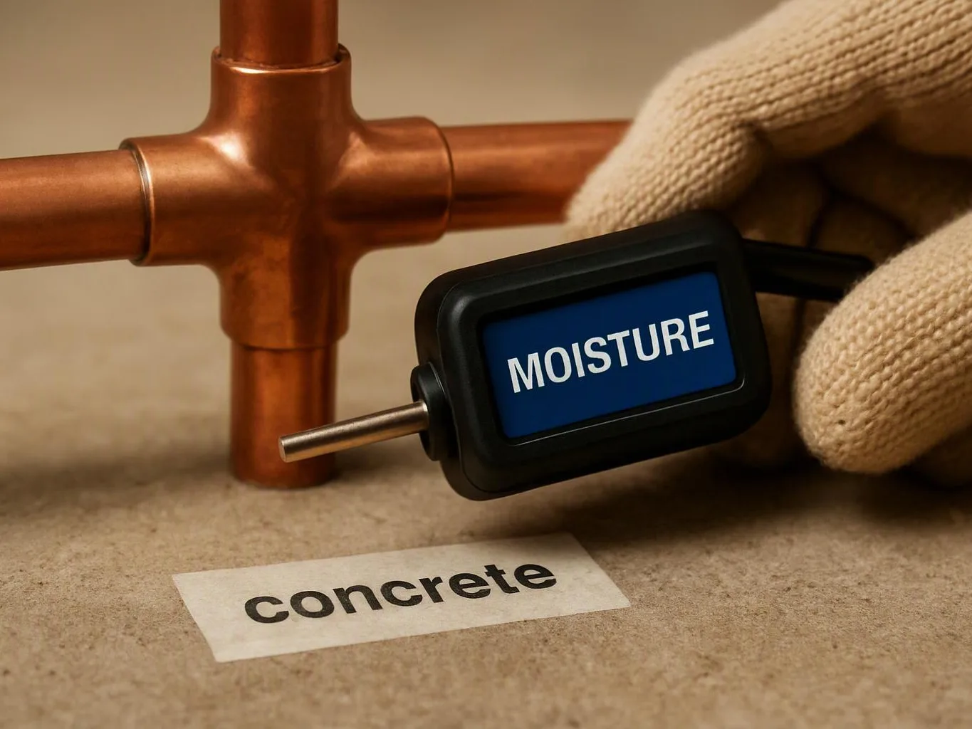 A gloved hand holds a moisture meter near copper pipes on a concrete surface with a labeled strip