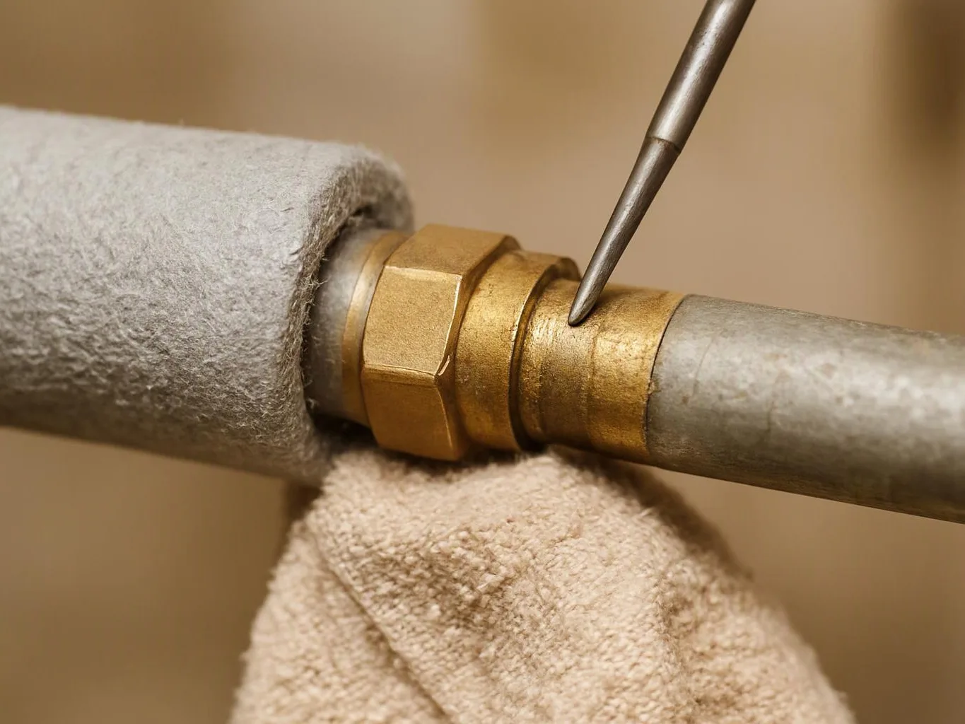 A gloved hand holds a pipe fitting while a metal tool points at the brass joint between two pipes