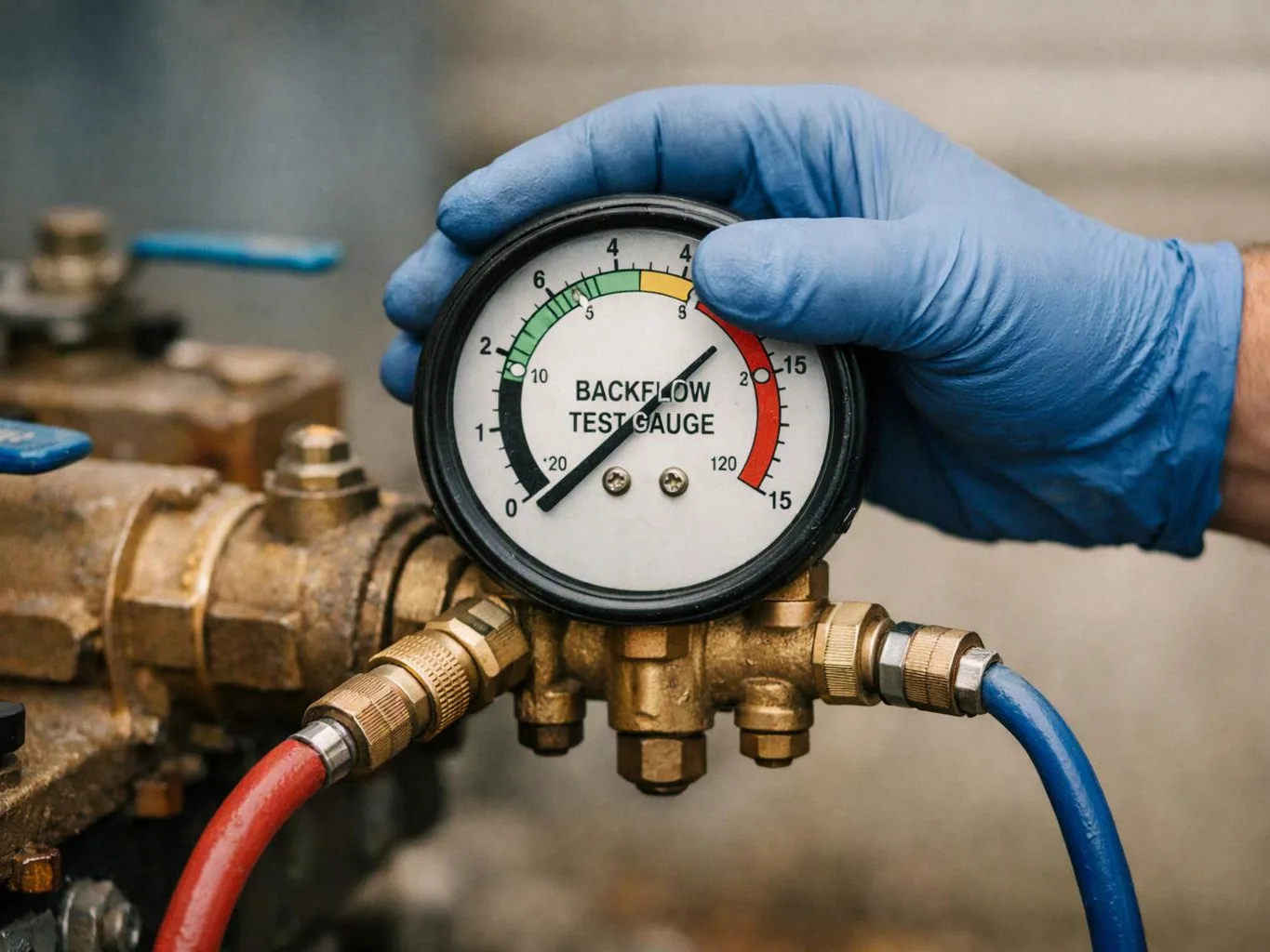 A gloved hand holds a pressure gauge attached to brass plumbing with red and blue hoses attached