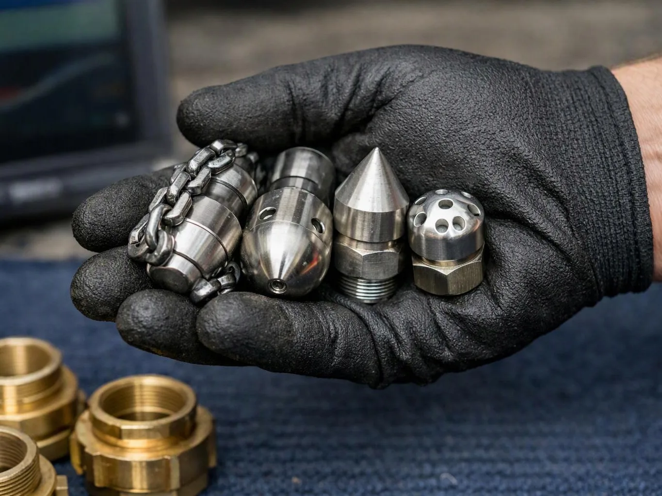A gloved hand holds several metal machining parts over a workbench with brass fittings below