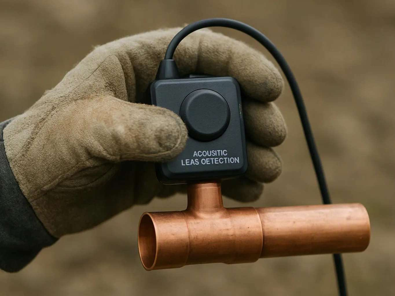A gloved hand holds a small black sensor attached to a copper pipe against a blurred background