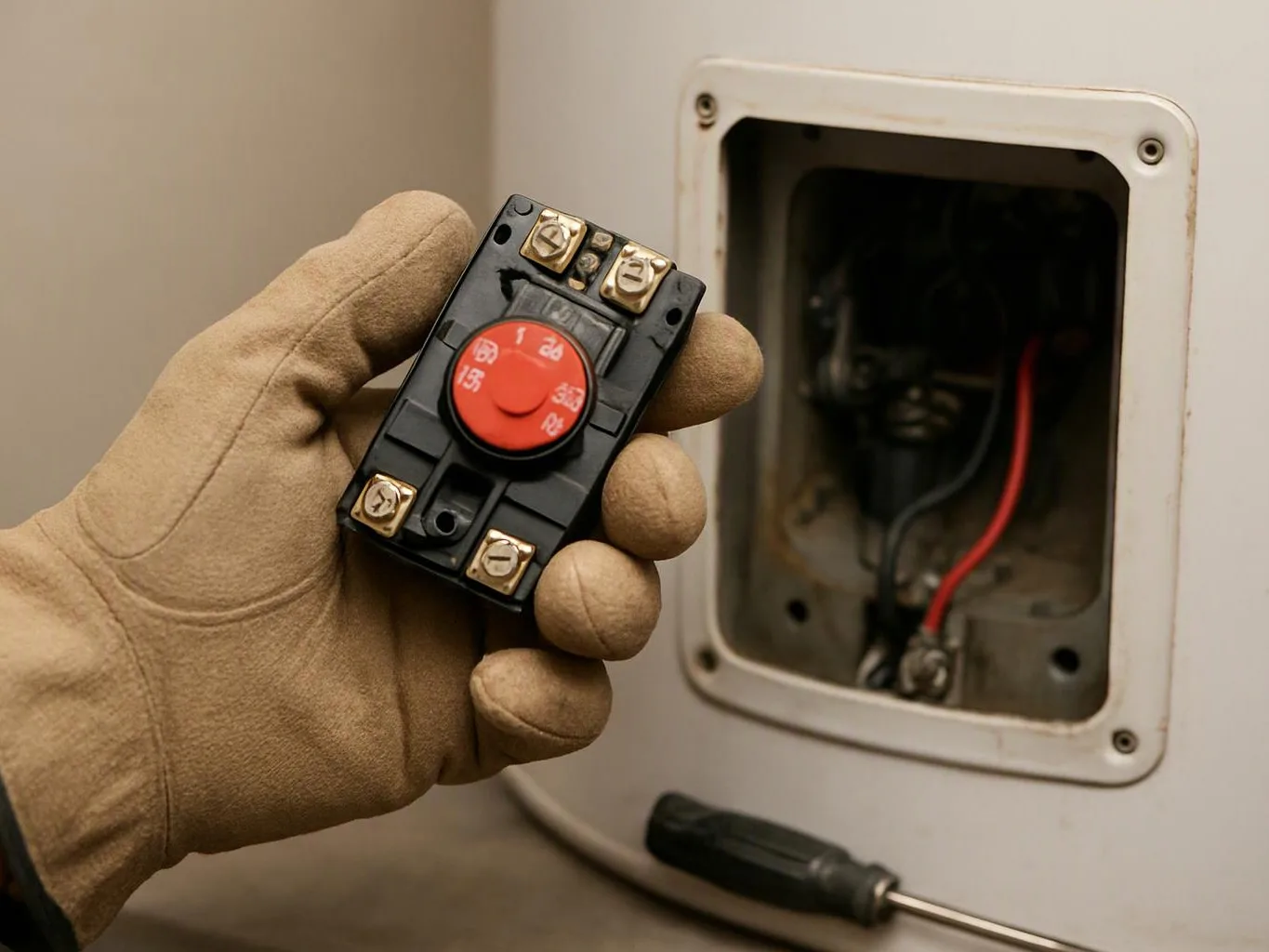 A gloved hand holds a small electrical switch beside an open access panel with wires inside