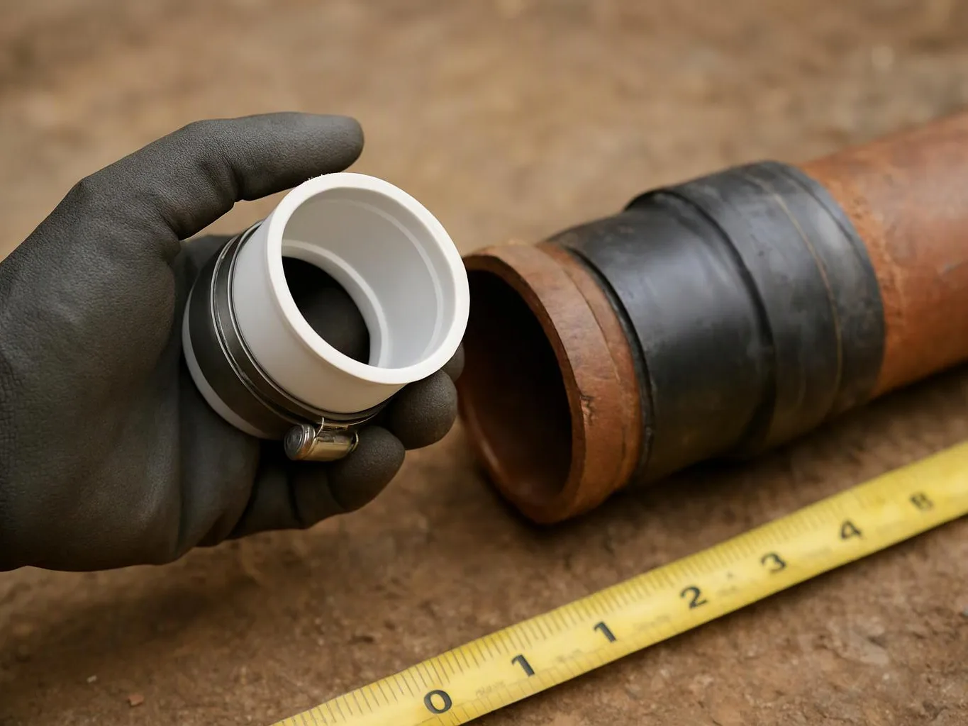 A gloved hand holds a white pipe fitting beside a rusted pipe and yellow tape measure on a work surface
