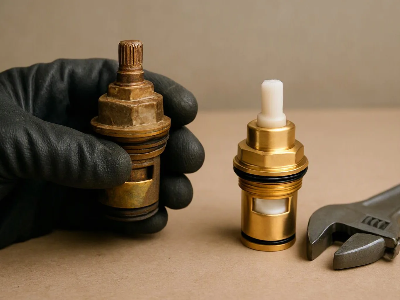 A gloved hand holds a worn brass valve part beside a new brass cartridge and a wrench on a beige surface