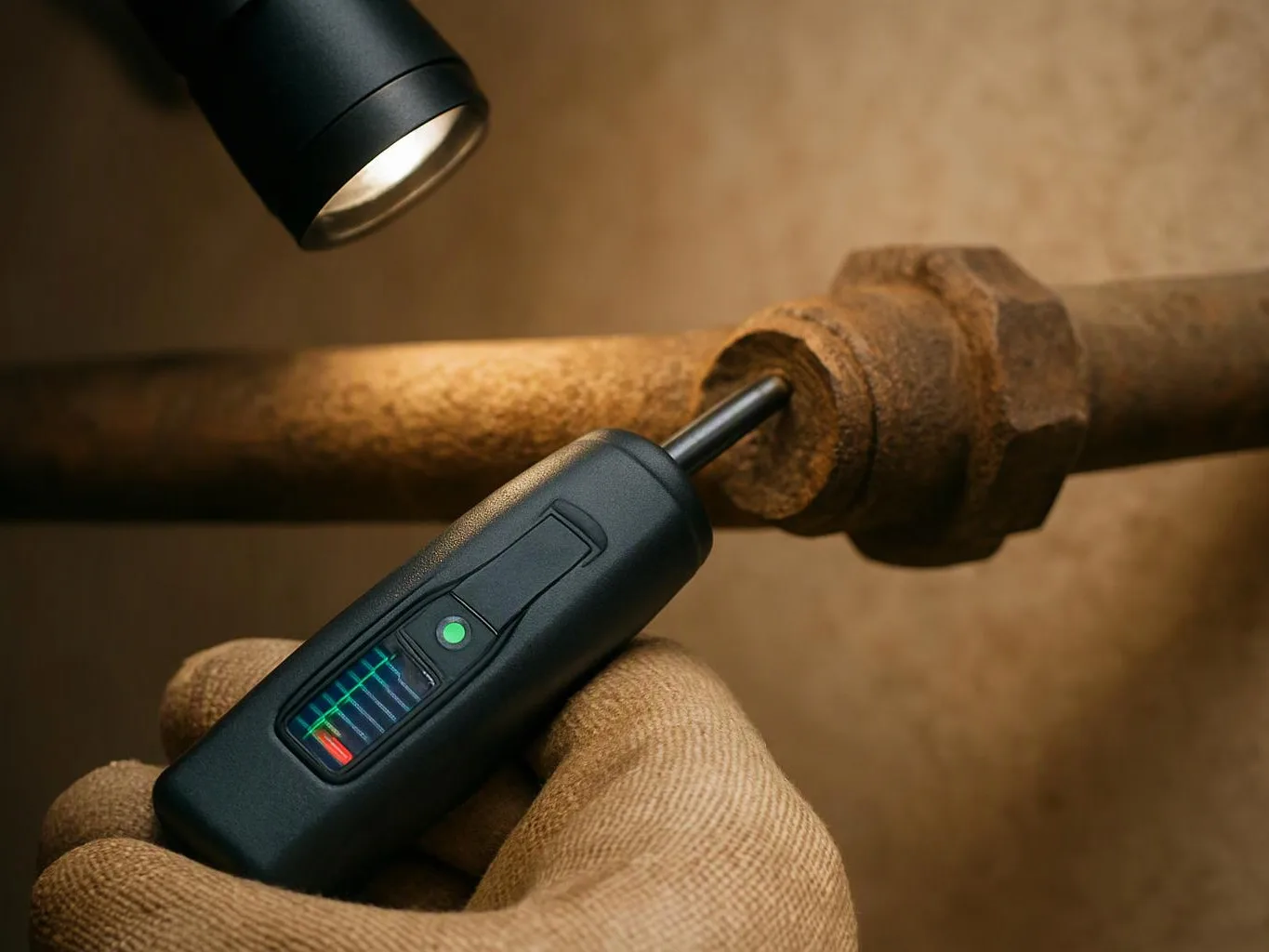 A gloved hand uses a handheld sensor to inspect a rusted pipe joint under a small flashlight