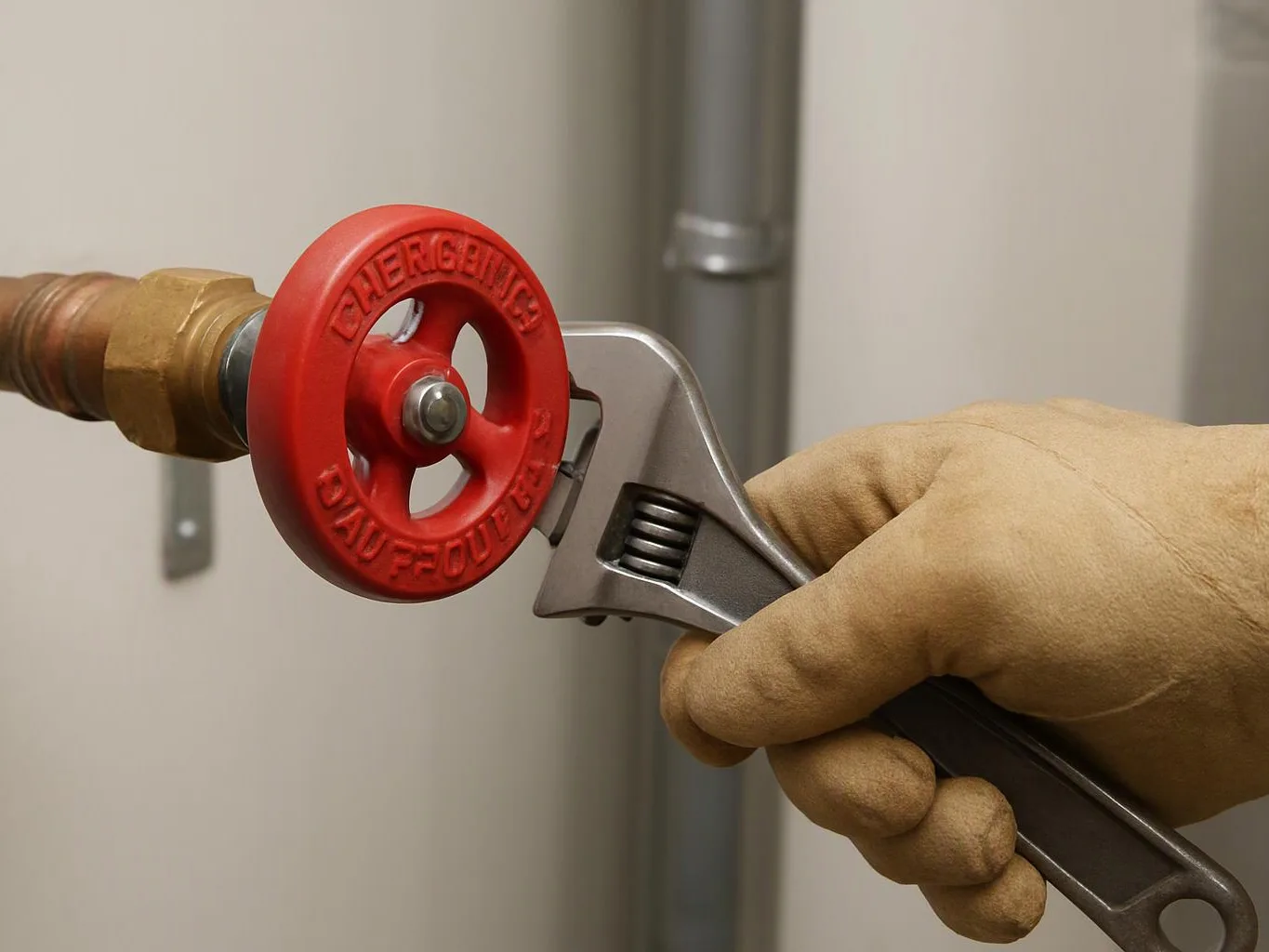 A gloved hand uses a wrench to tighten a red valve on a metal pipe indoors