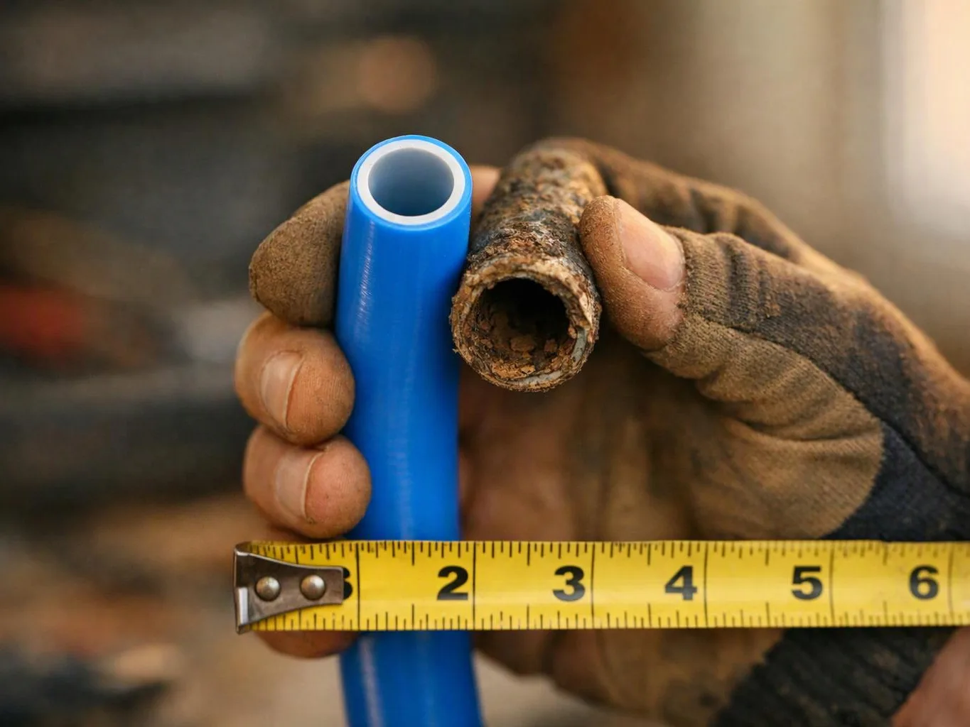 Gloved hands compare a blue plastic pipe and a rusty metal pipe above a yellow tape measure