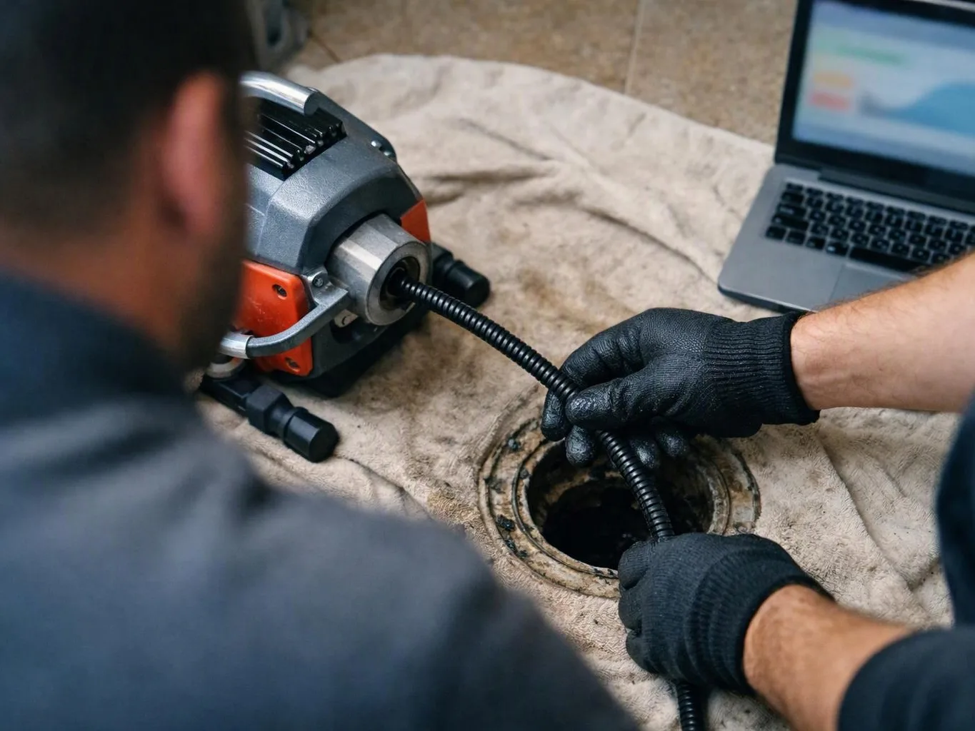 Gloved hands feed a drain cleaning cable into a floor opening beside a machine and laptop