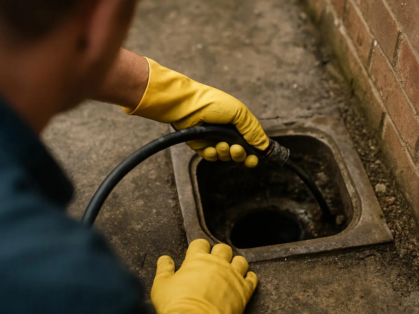 Gloved hands guide a hose into a square drain opening beside a brick wall