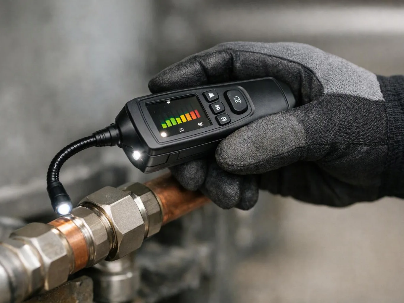 Gloved hands hold a digital inspection tool against a copper pipe fitting with a lit probe tip