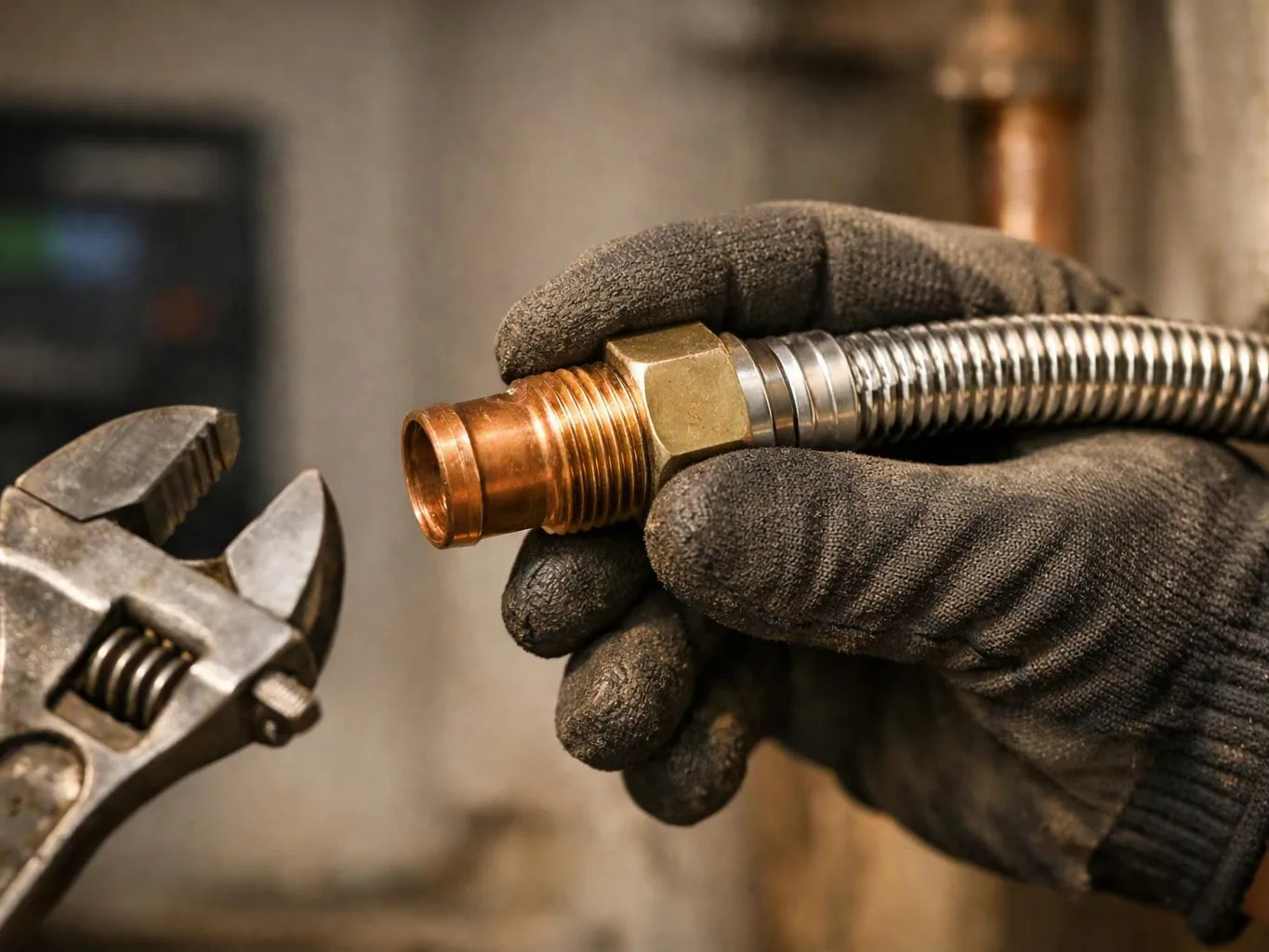 Gloved hands hold a metal hose fitting while an adjustable wrench waits beside it in a workshop