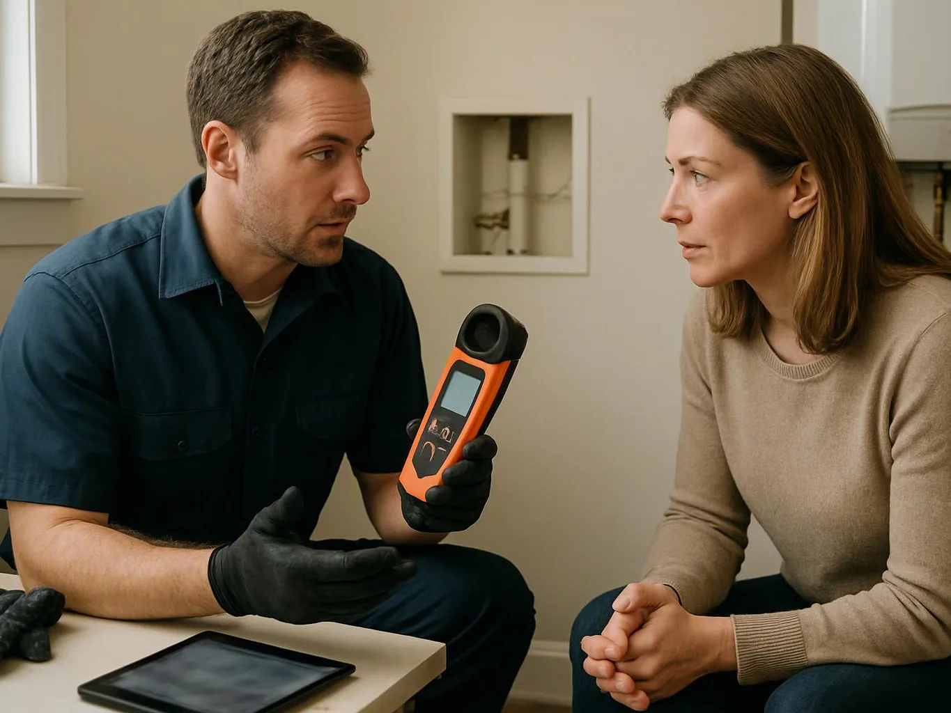 A gloved man shows an orange handheld meter to a seated woman in a plain room