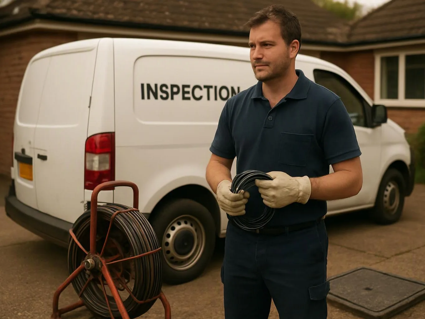 A gloved man stands beside a white inspection van, holding coiled cable on a driveway