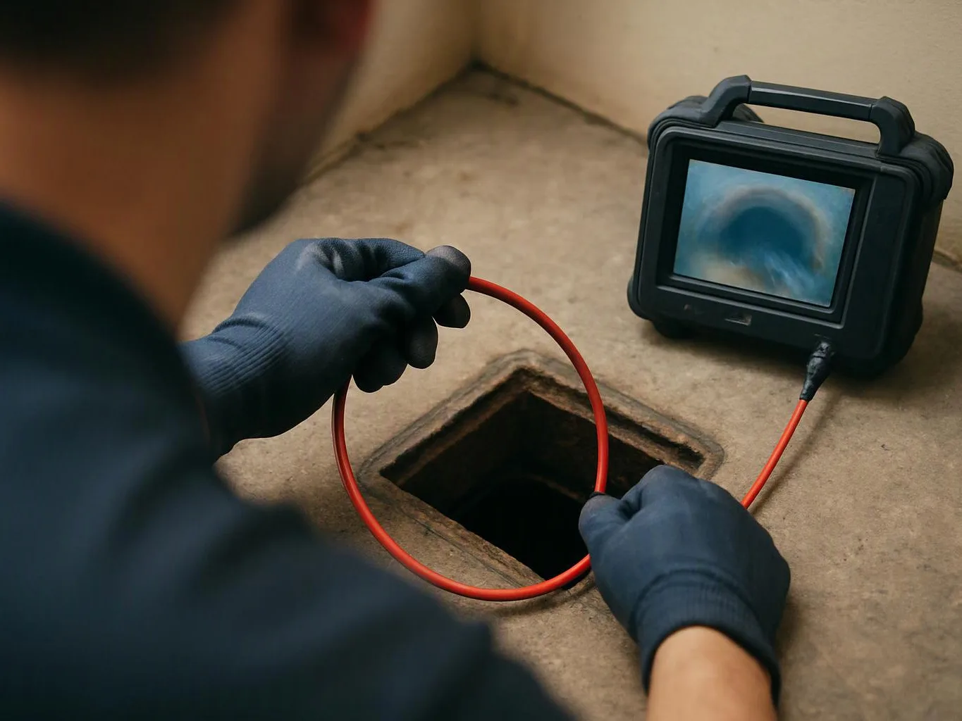 A gloved worker feeds a red inspection cable into a square floor opening beside a monitor showing a blurred pipe view