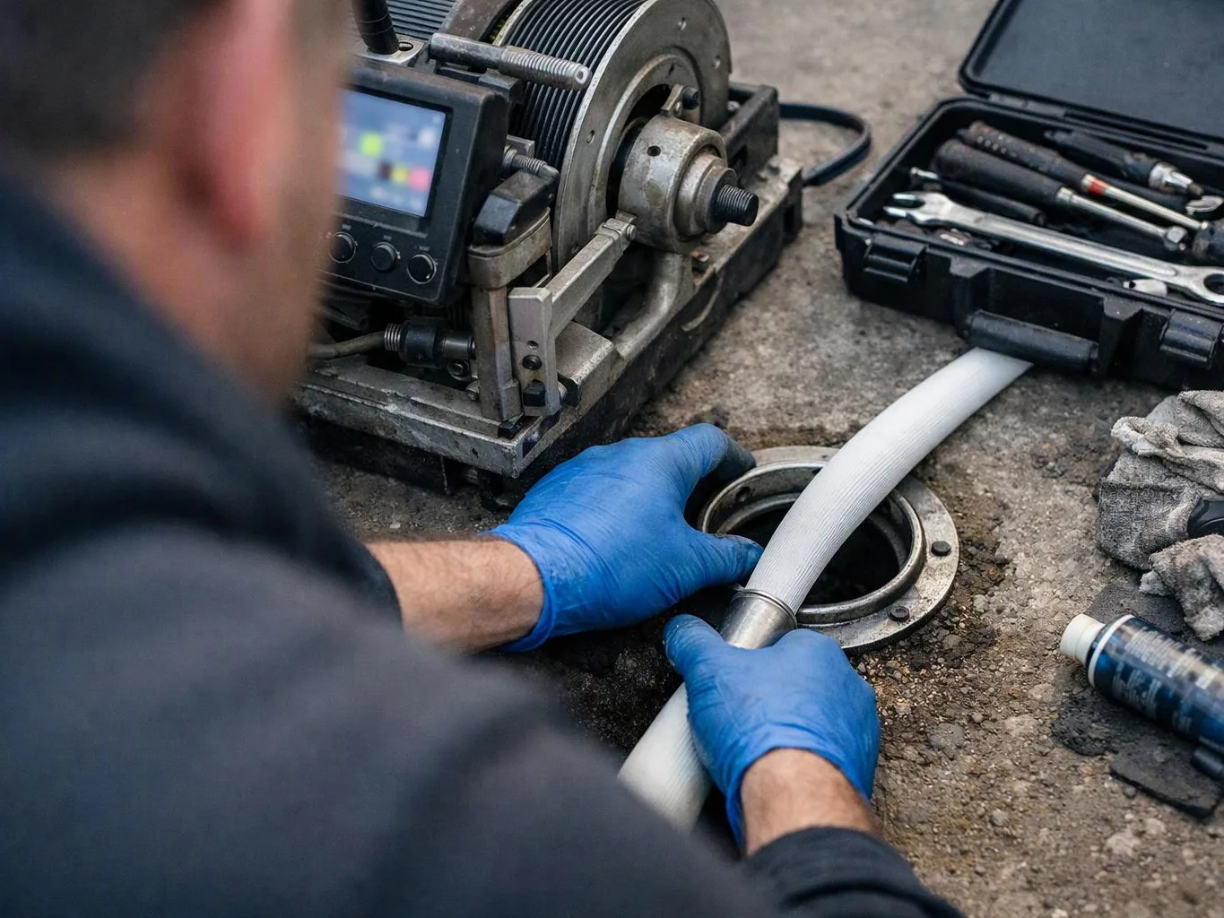 A gloved worker feeds a white hose into a floor opening beside repair tools and equipment