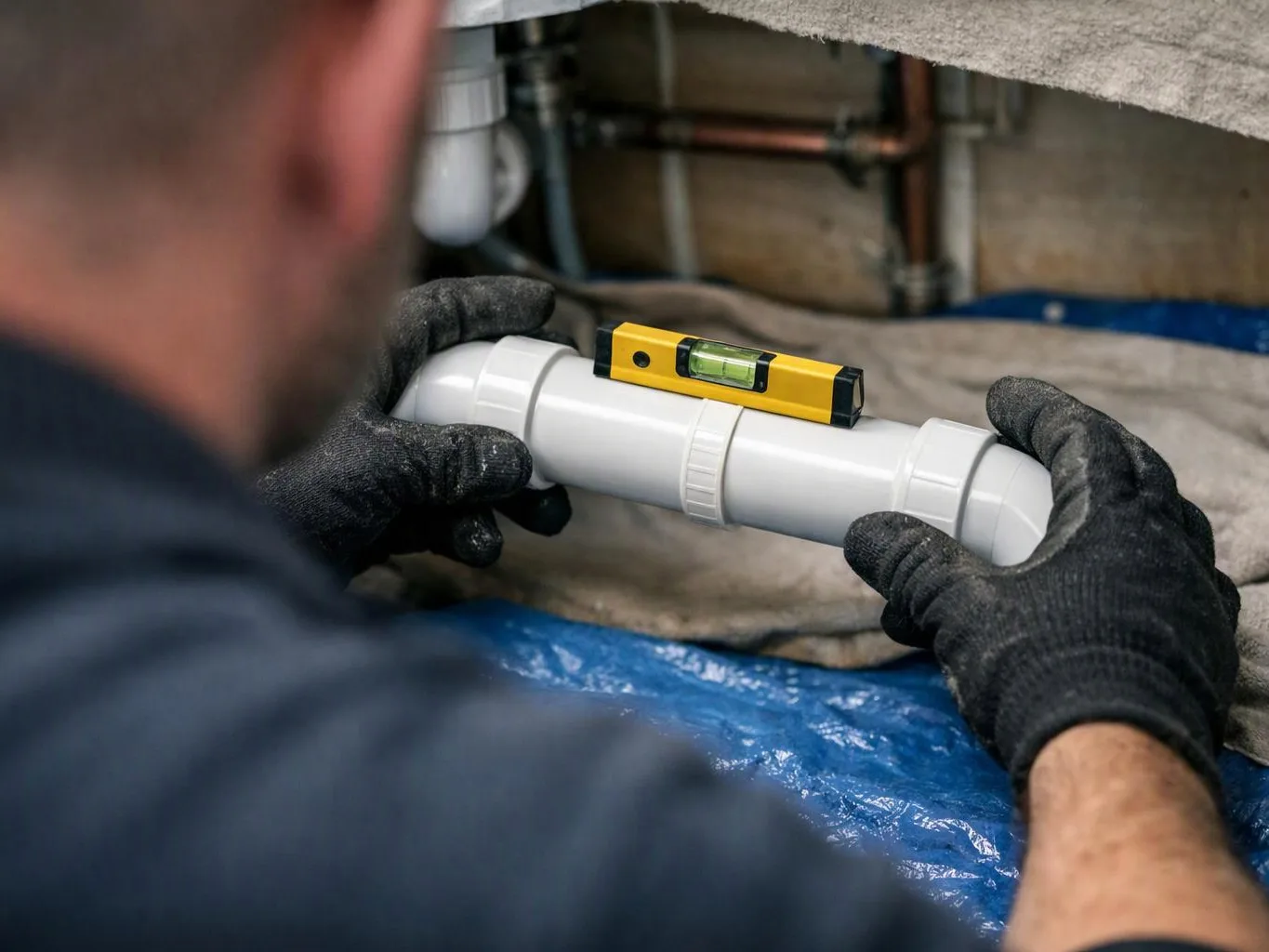 A gloved worker holds a level on a white pipe inside a cramped under-sink space