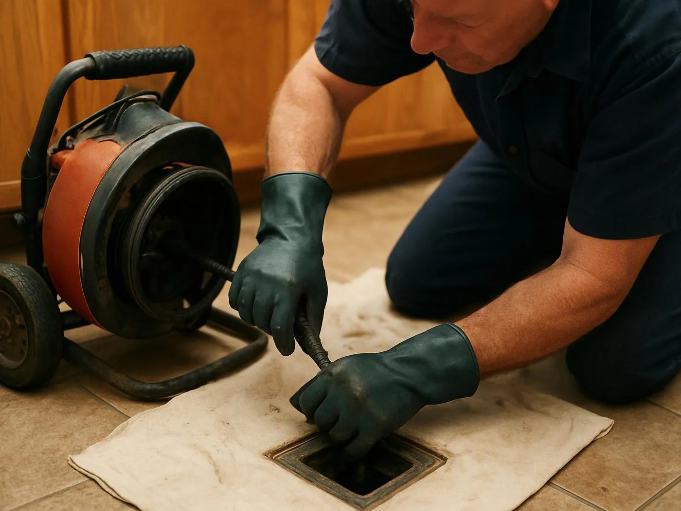 A gloved worker kneels on tile, feeding a drain snake into a floor opening beside a machine drain cleaner