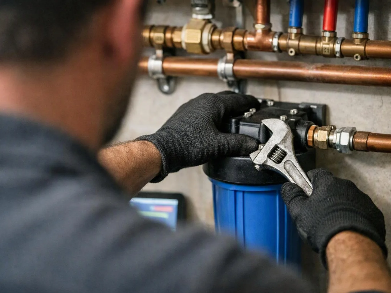 A gloved worker tightens a blue water filter housing with a wrench beside copper pipes and valves