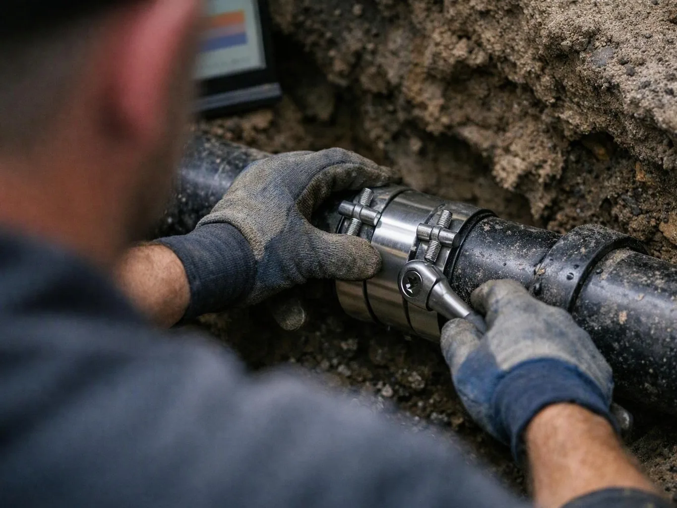 A gloved worker tightens a metal pipe coupling against a dirt wall