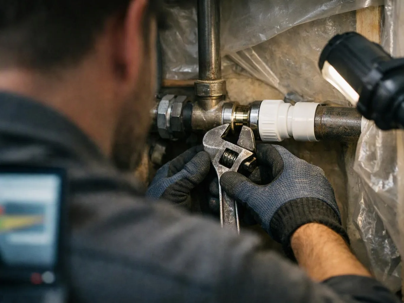 A gloved worker tightens a metal pipe fitting with a wrench in a cramped utility space