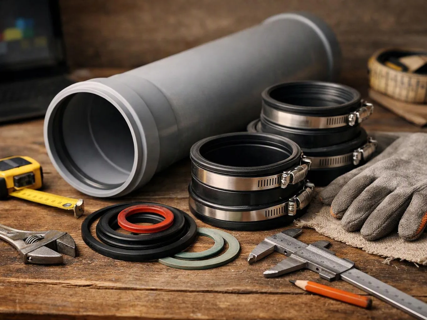 A gray pipe, metal clamps, gloves, measuring tools, and sealing rings lie on a wooden workbench