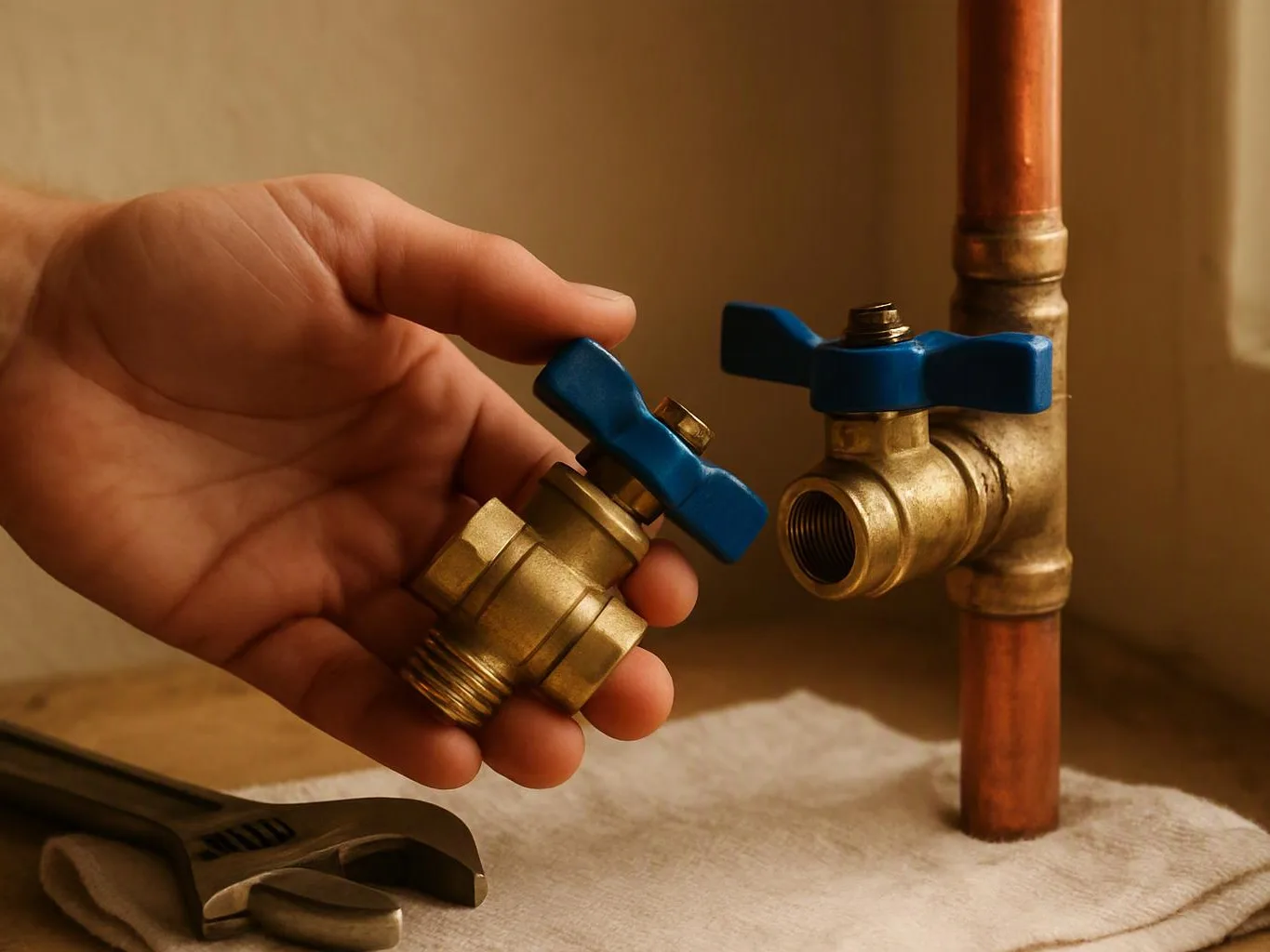 A hand holds a brass valve beside copper pipes and a blue-handled shutoff valve on a towel-covered surface