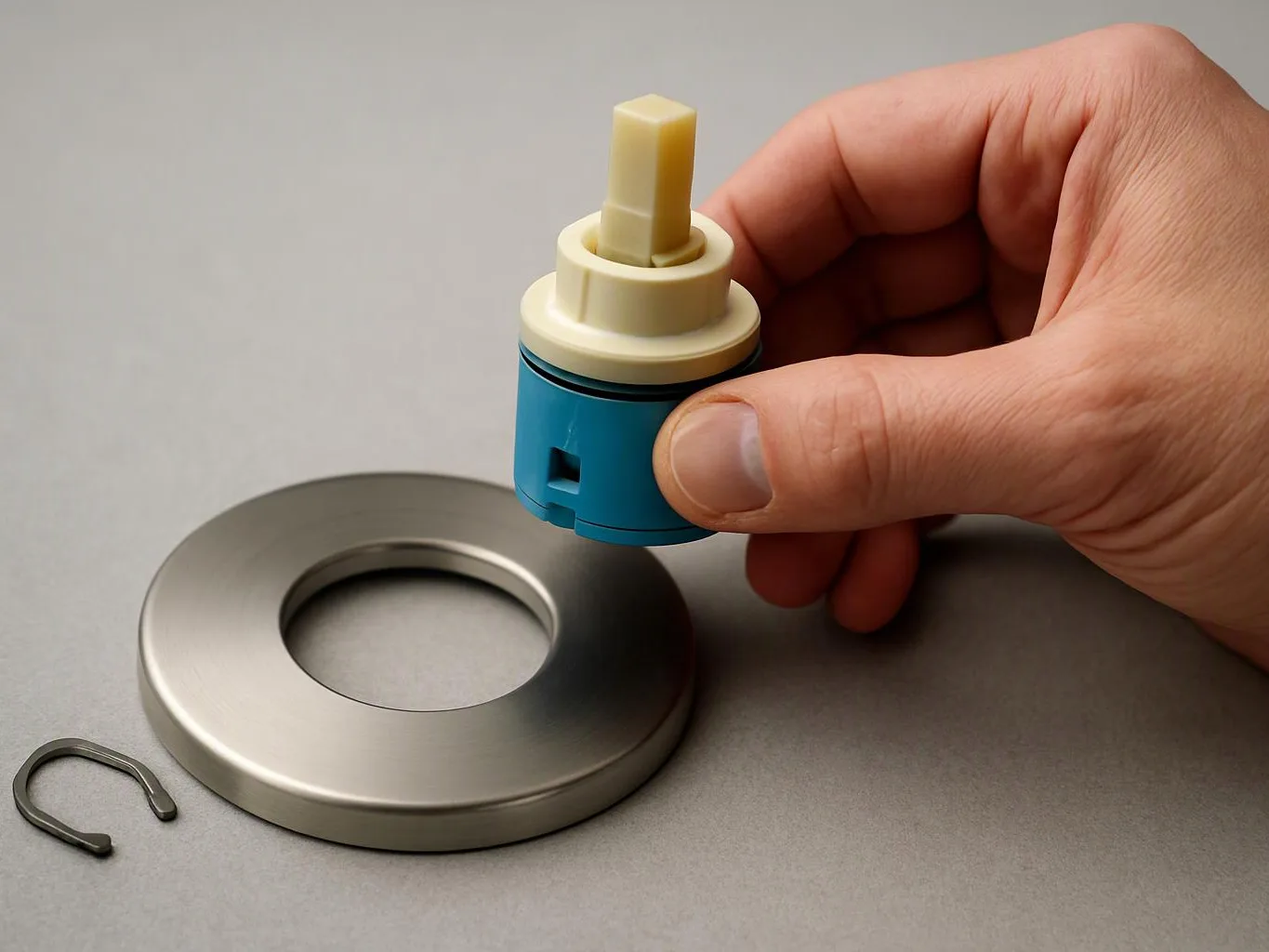 A hand holds a small blue-and-cream plastic part above a metal ring on a gray surface