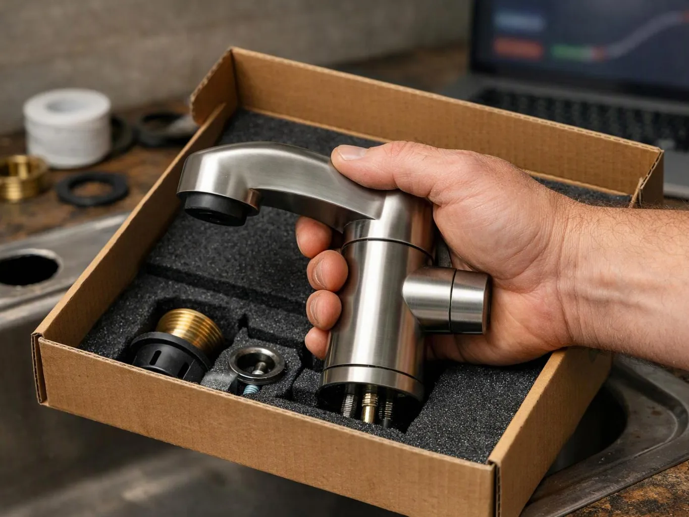 A hand holds a stainless faucet in a foam-lined cardboard box beside sink parts and a laptop